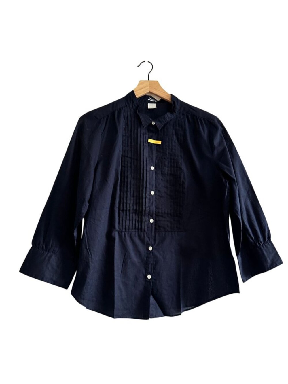 Vintage J Crew Navy Pintuck Tuxedo Shirt Size 12 Cotton Blouse SP07 82252